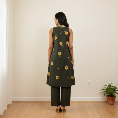Dark Forest Green Premium Kurti with Yellow Floral Embroidery