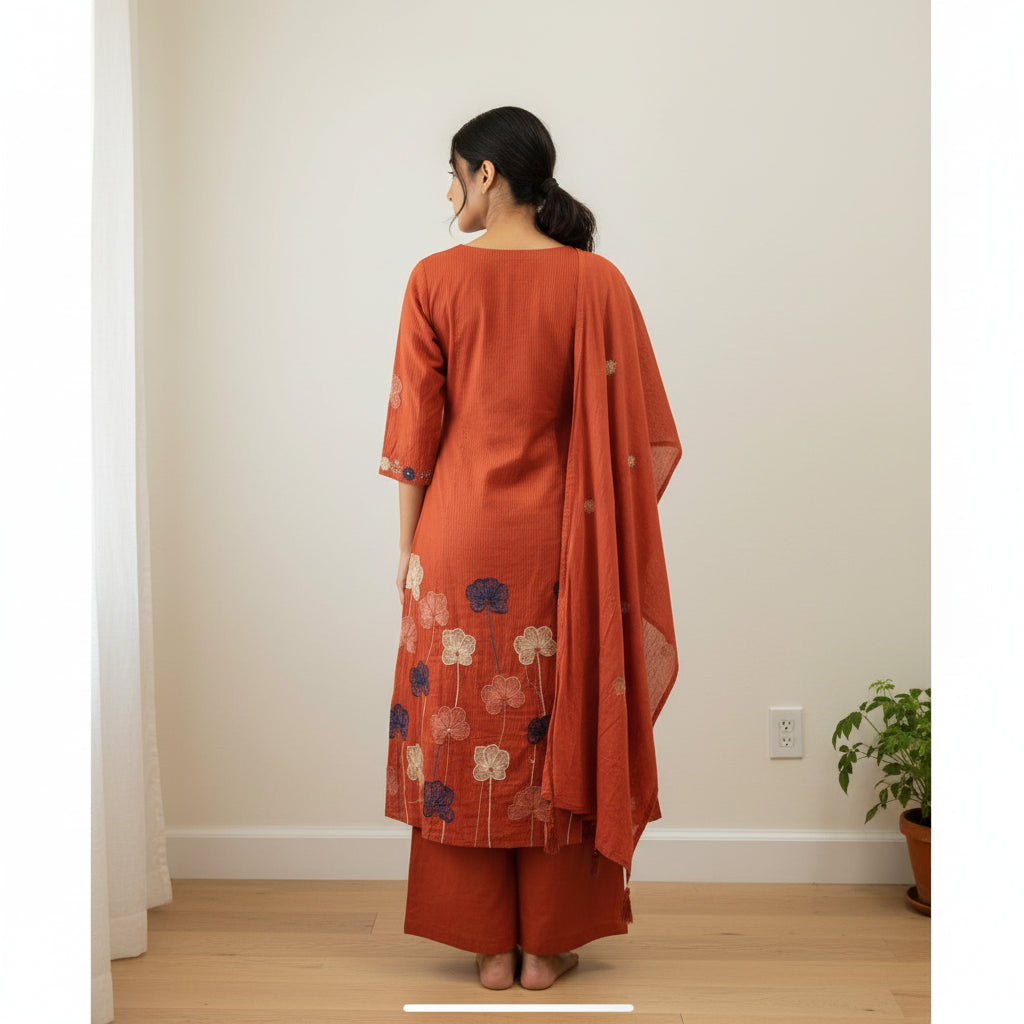 Rust Orange Premium Kurti with Floral Applique, Palazzo Pants & Dupatta Set