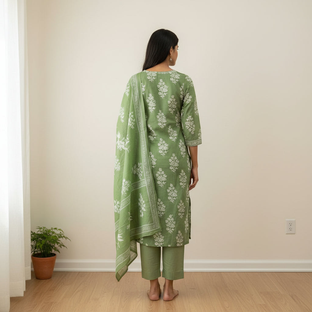 Sage Green Block Print Cotton Kurti Set with Dupatta