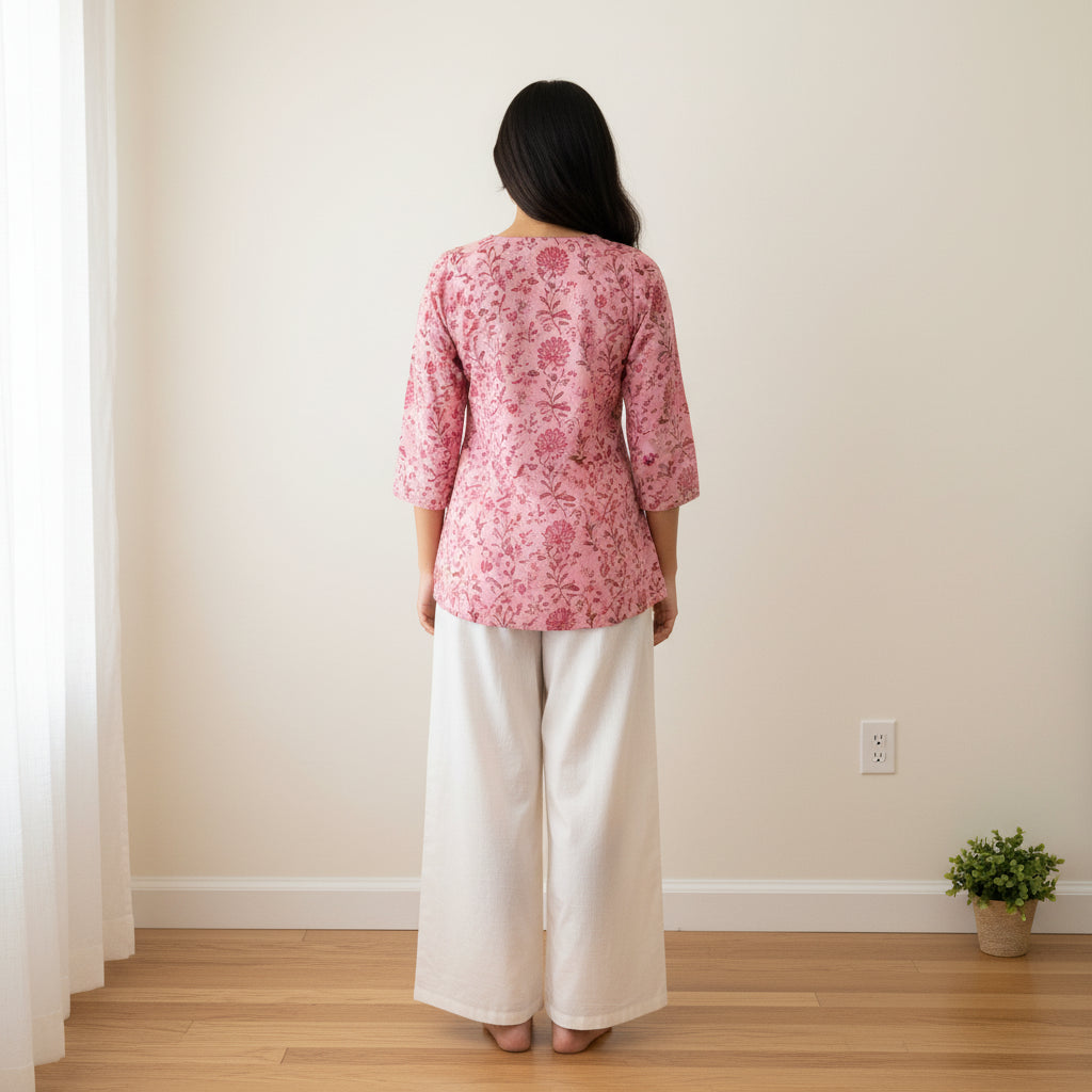 Rose Pink Block Print Cotton Short Kurti Tunic