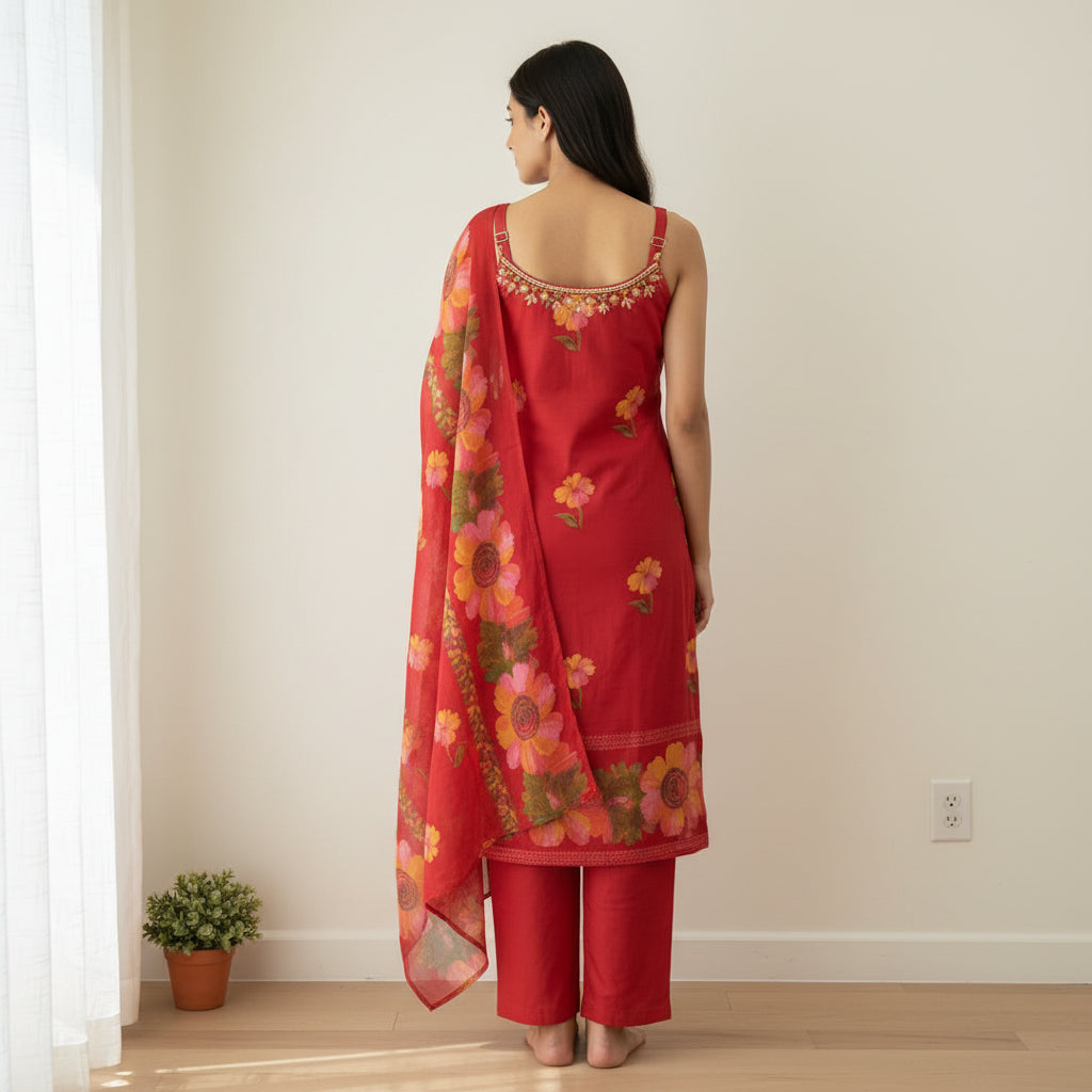 Cherry Red Premium Kurti Set with Printed Floral Organza Dupatta