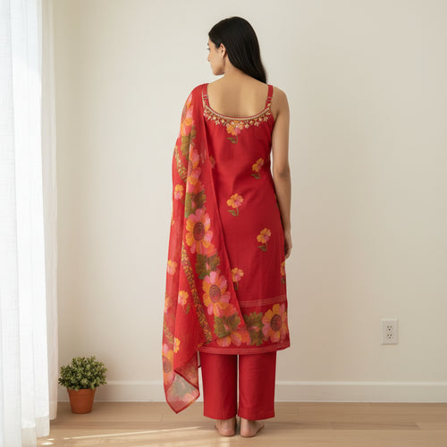 Cherry Red Premium Kurti Set with Printed Floral Organza Dupatta