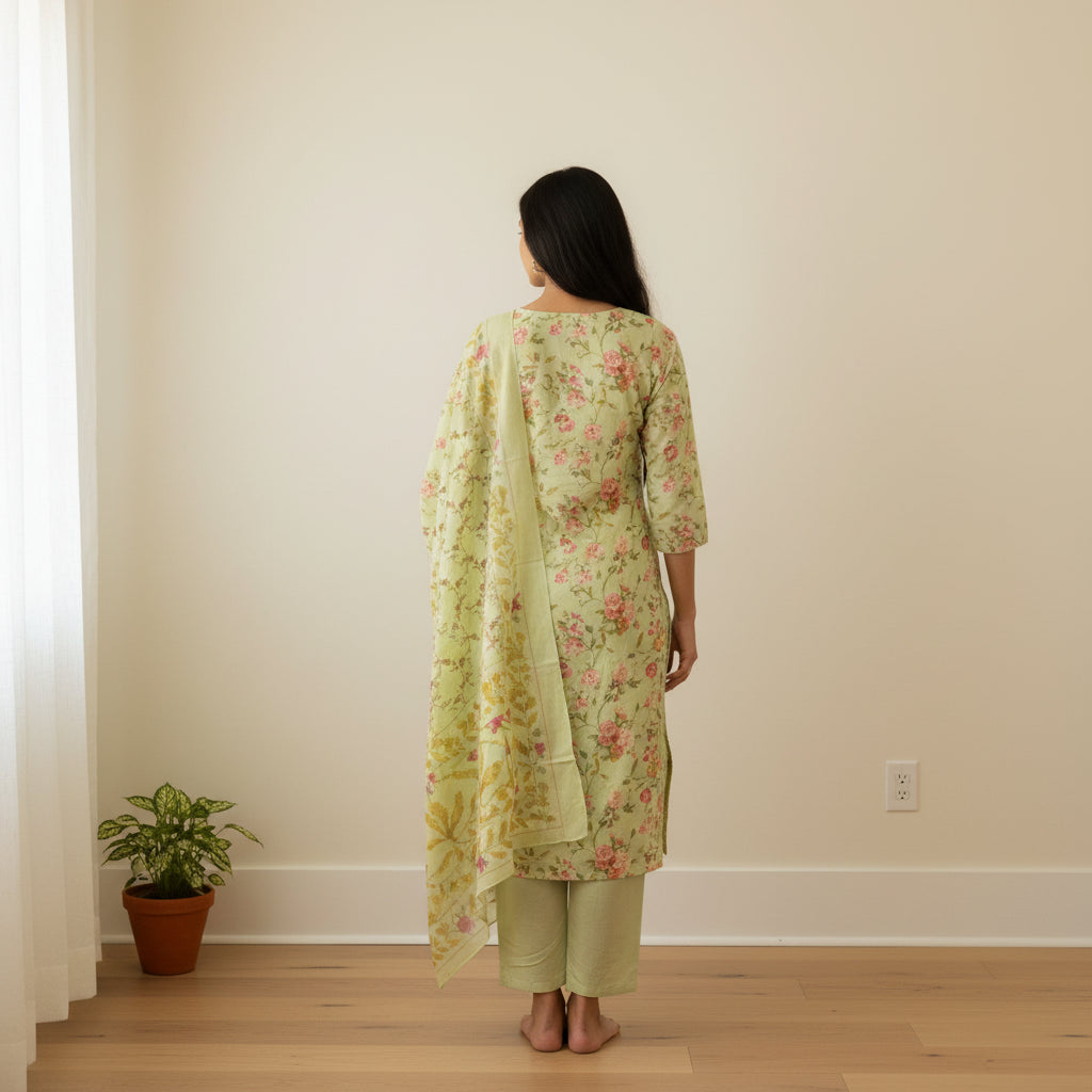 Pistachio Green Floral Print Cotton Kurti Set with Dupatta