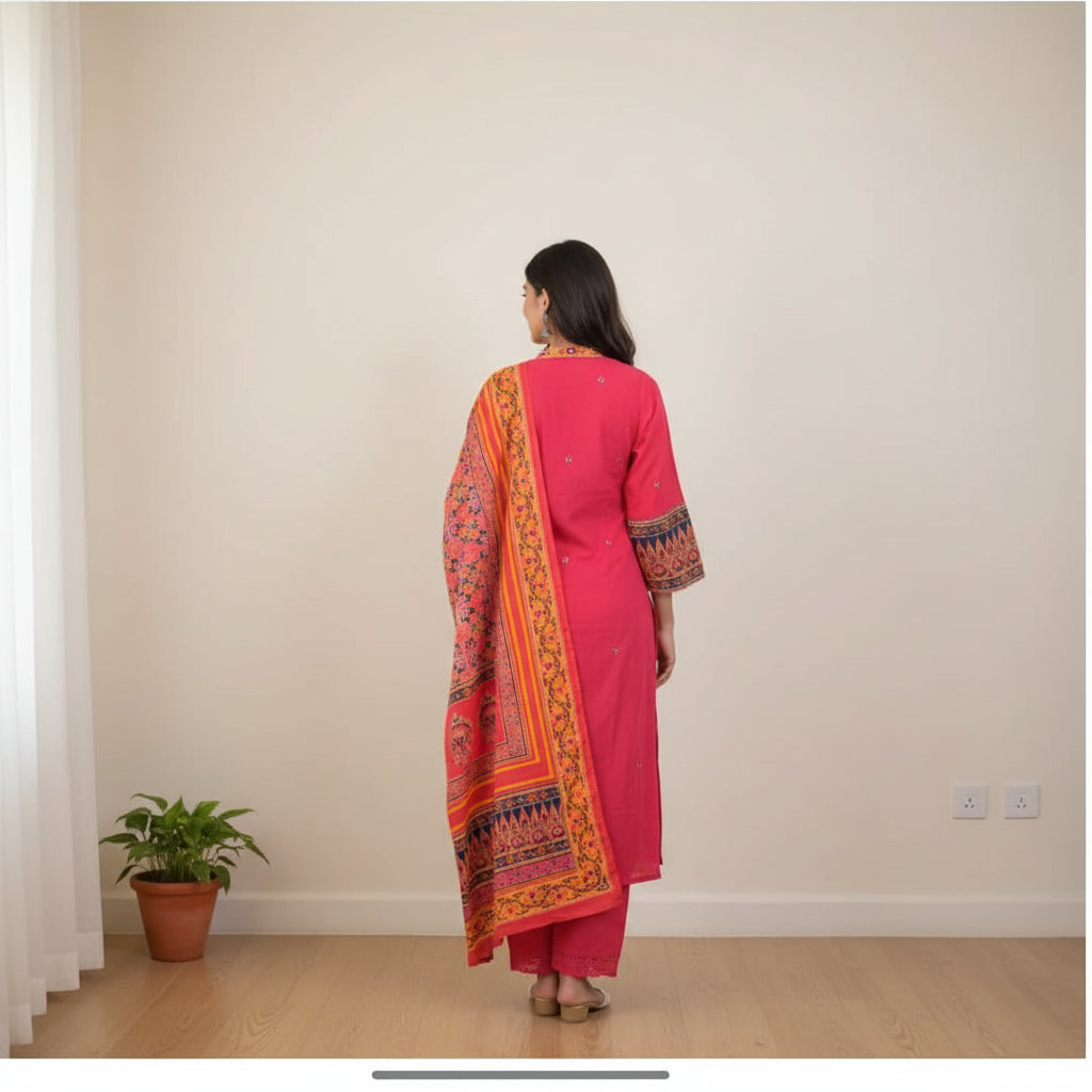 Fuchsia Pink Premium Anarkali Set with Embroidered Yoke & Printed Dupatta