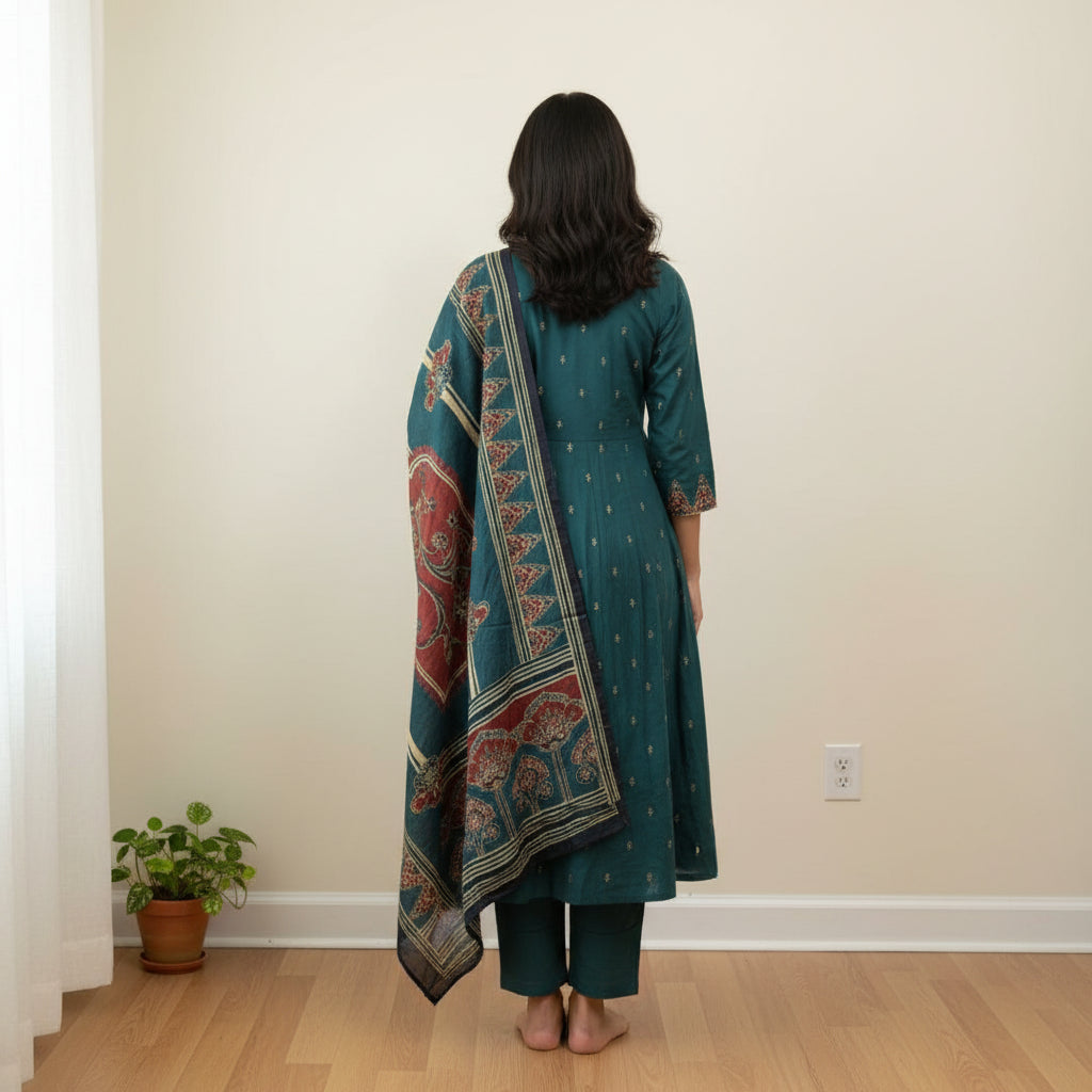 Teal Premium Printed Kurti Set with Embroidered Dupatta