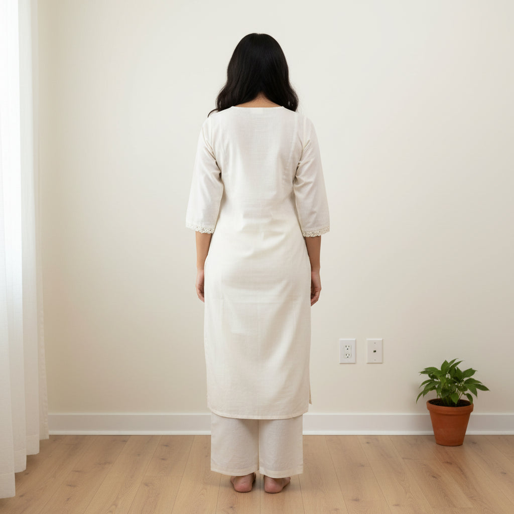 White Cotton Kurti with Botanical Floral Embroidery