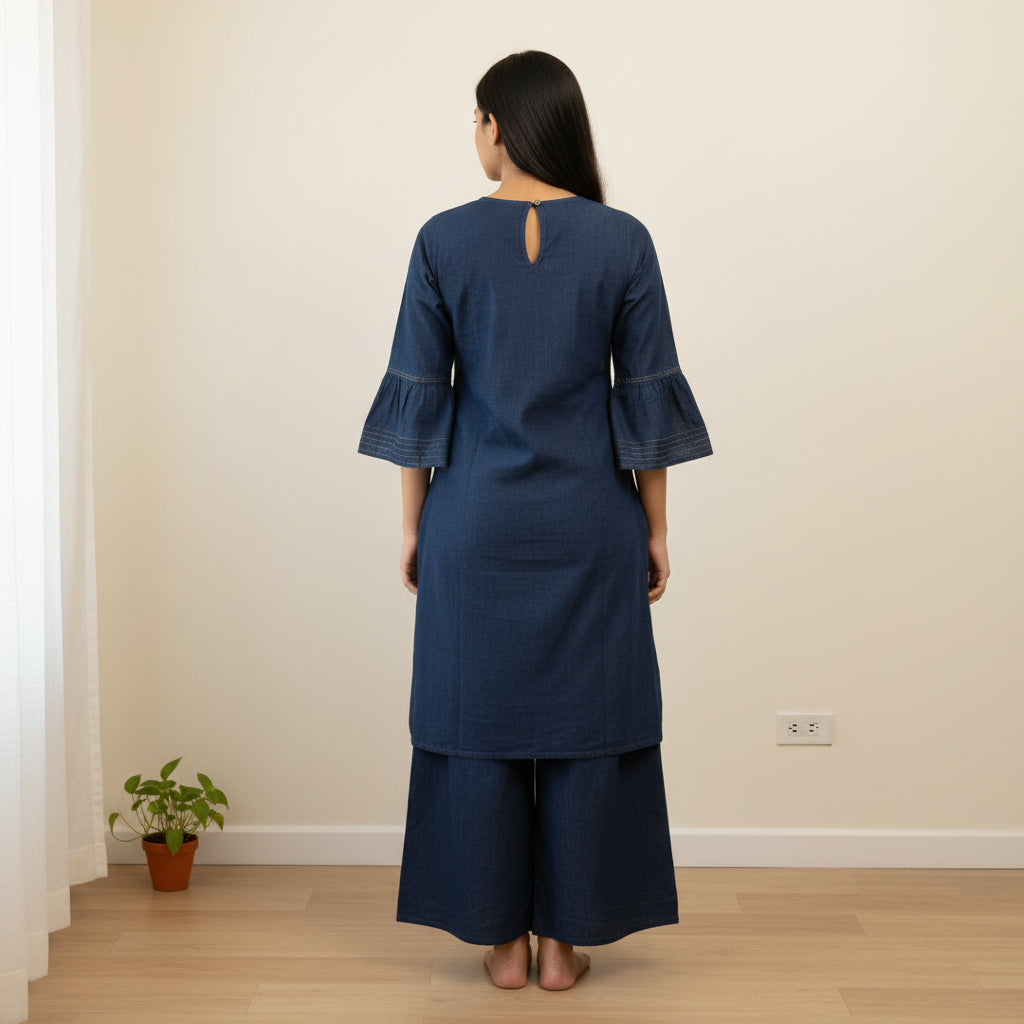 Navy Blue Cotton Tunic with Hand-Embroidered Elephants