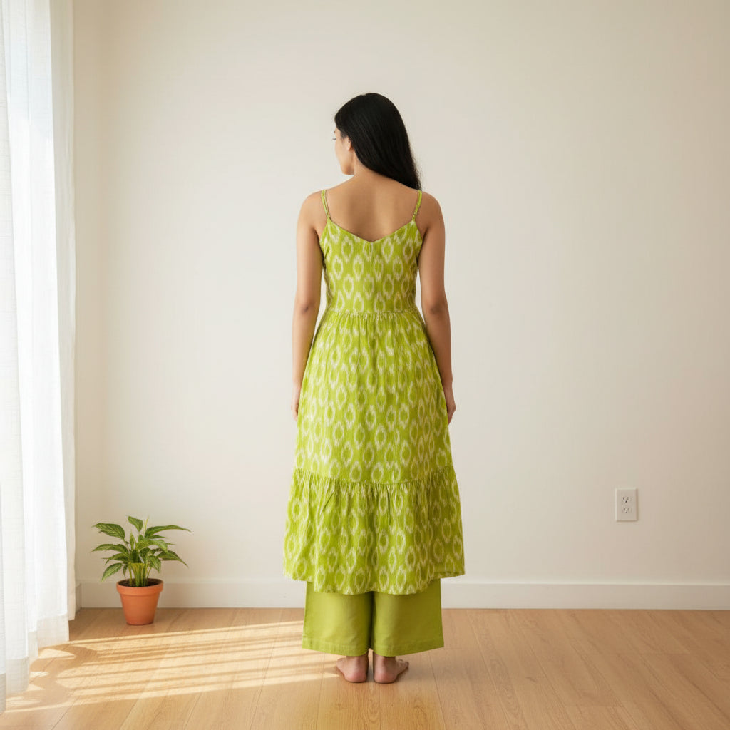 Lime Green Ikat Print Cotton Maxi Dress Kurti with Smocked Bodice