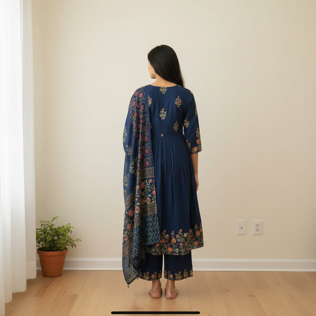 Navy Blue Premium Anarkali Set with Printed Dupatta