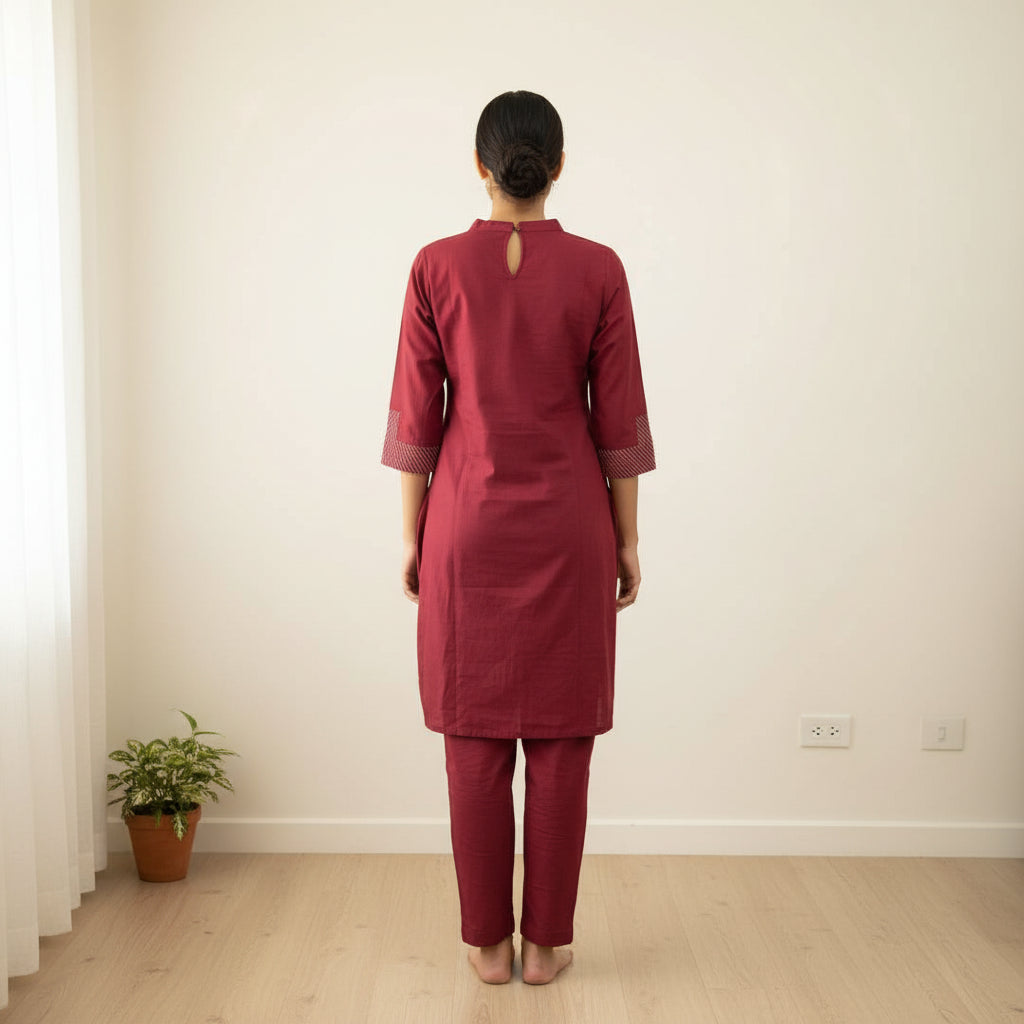 Deep Maroon Premium Kurti with White Floral Embroidery