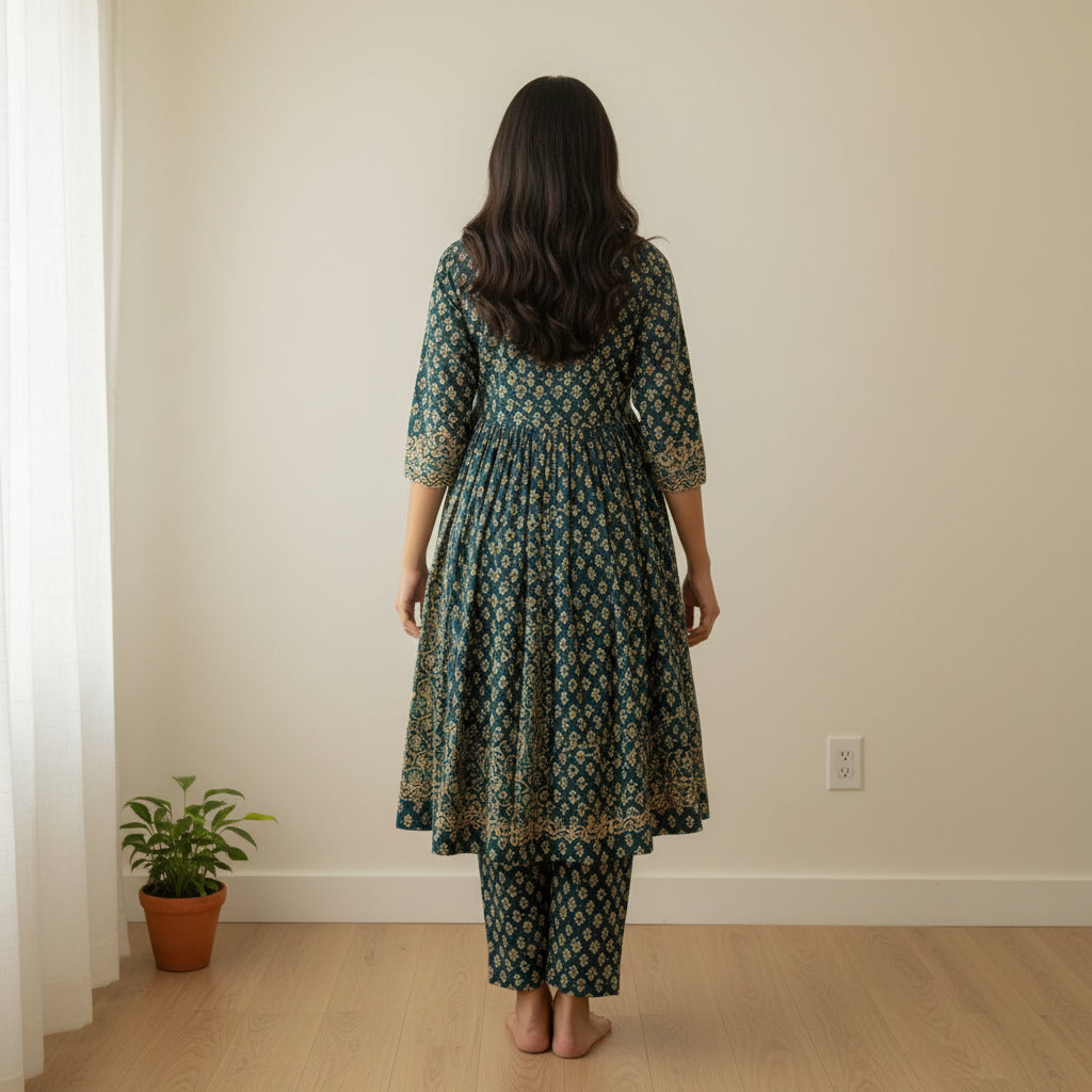 Dark Teal Premium Anarkali Set with Block Print Dupatta