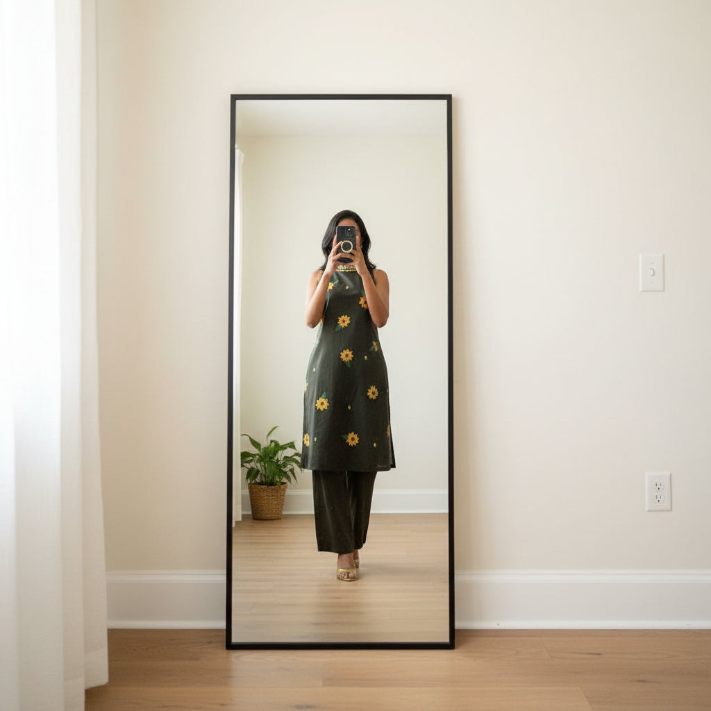 Dark Forest Green Premium Kurti with Yellow Floral Embroidery