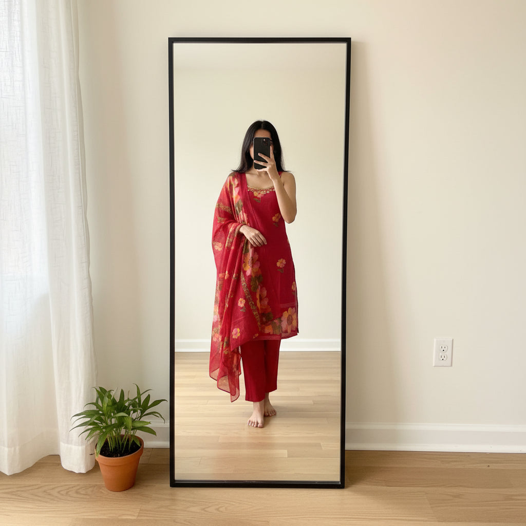 Cherry Red Premium Kurti Set with Printed Floral Organza Dupatta