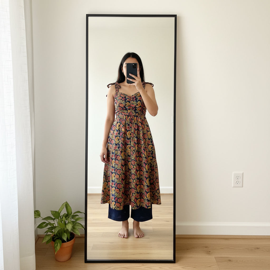 Dark Floral Print Premium Spaghetti Strap Maxi Dress Kurti