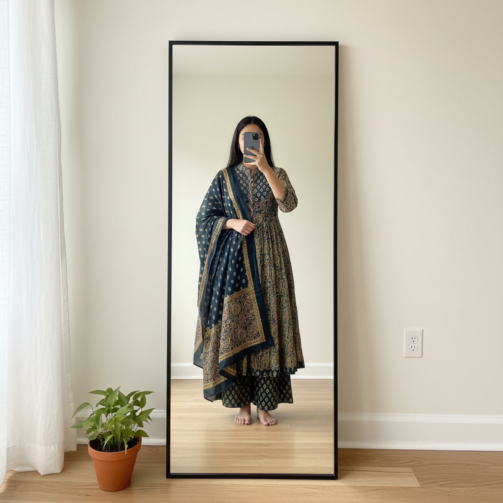 Dark Teal Premium Anarkali Set with Block Print Dupatta