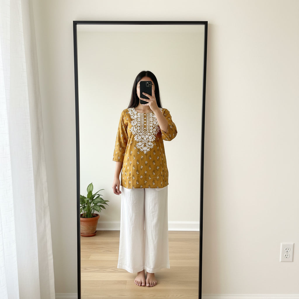 Mustard Yellow Cotton Kurti with White Crochet Yoke Detail