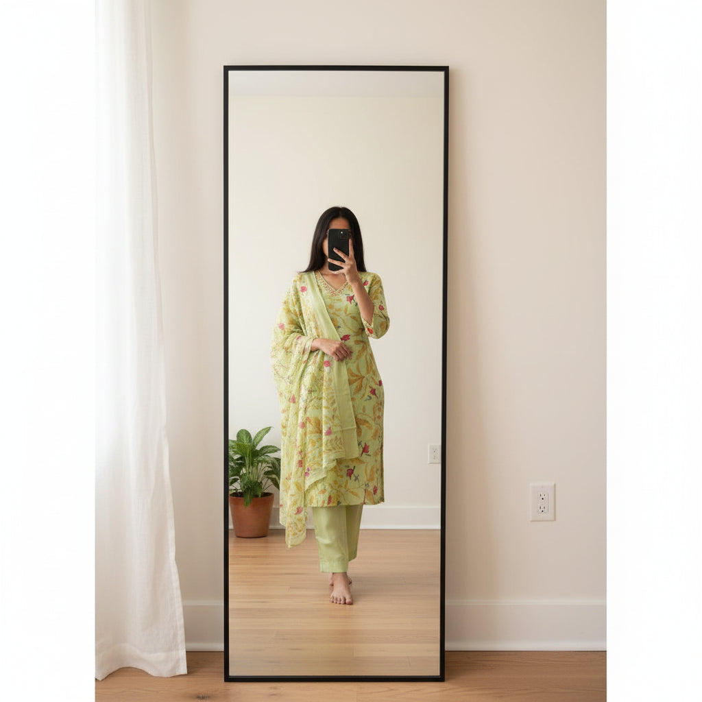 Pistachio Green Floral Print Cotton Kurti Set with Dupatta