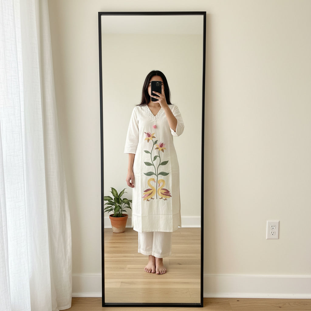 White Cotton Kurti with Botanical Floral Embroidery
