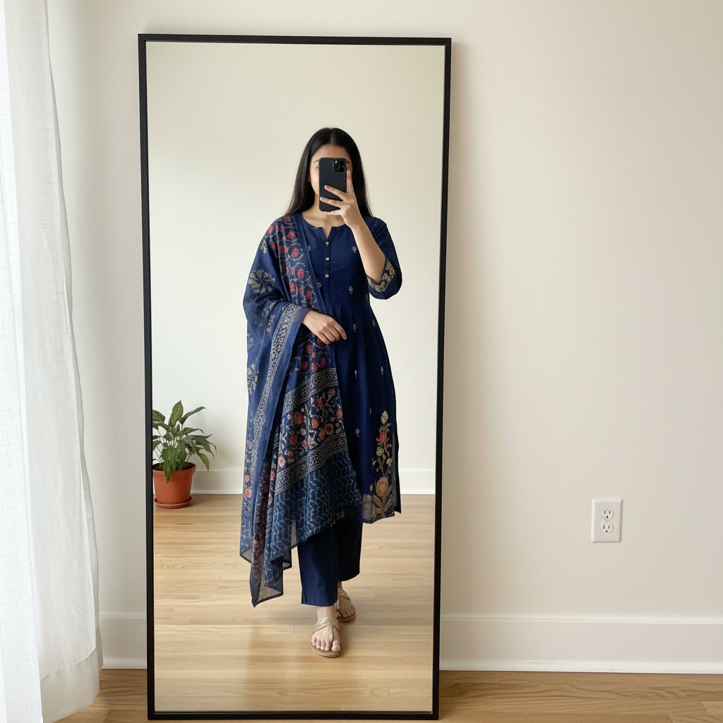 Navy Blue Premium Anarkali Set with Printed Dupatta