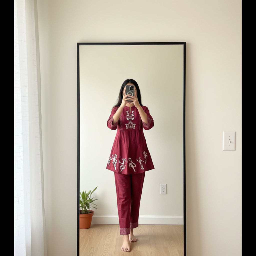 Deep Maroon Premium Kurti with White Floral Embroidery