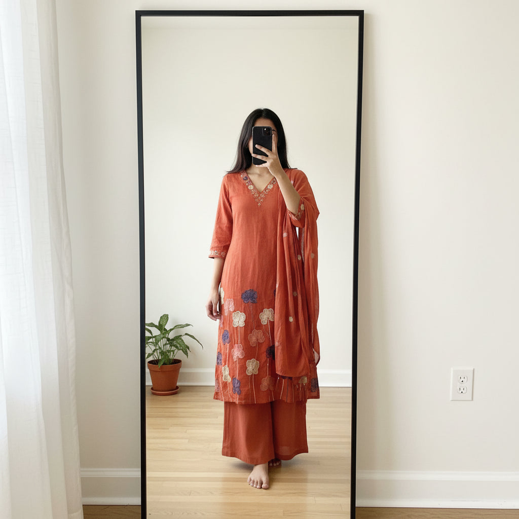 Rust Orange Premium Kurti with Floral Applique, Palazzo Pants & Dupatta Set