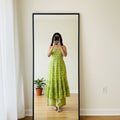 Lime Green Ikat Print Cotton Maxi Dress Kurti with Smocked Bodice
